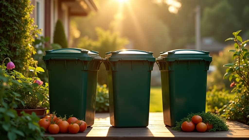GreenLoop curbside compost buckets filled with food scraps in warm morning sunlight
